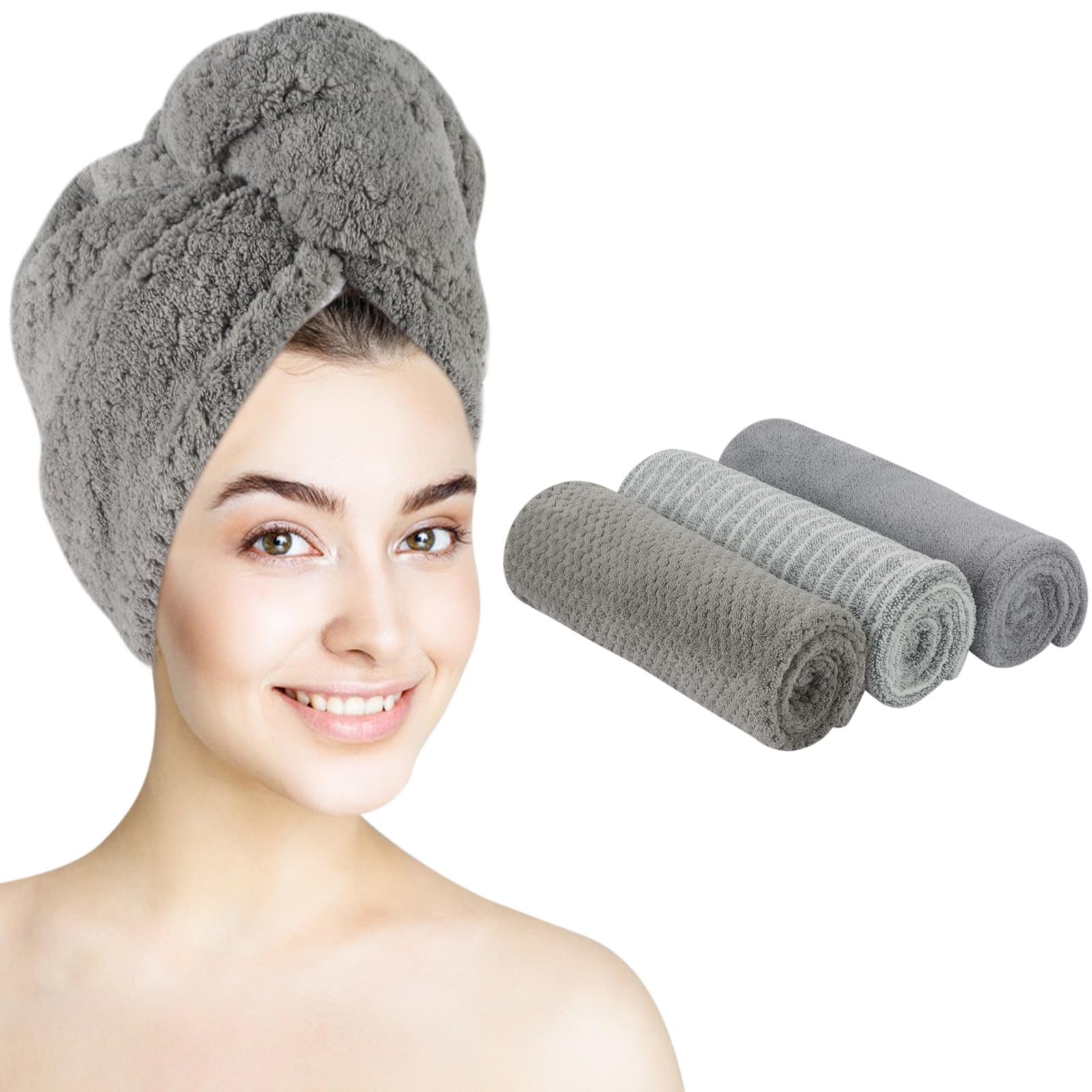 KinHwa3 Pack Microfibre Hair Towel Wrap Super Absorbent Hair Turban with Buttons Soft and Anti Frizz Hair Caps for Women, Thick, Long, Wet Hair 65 x 25 cm Waffle Stripes