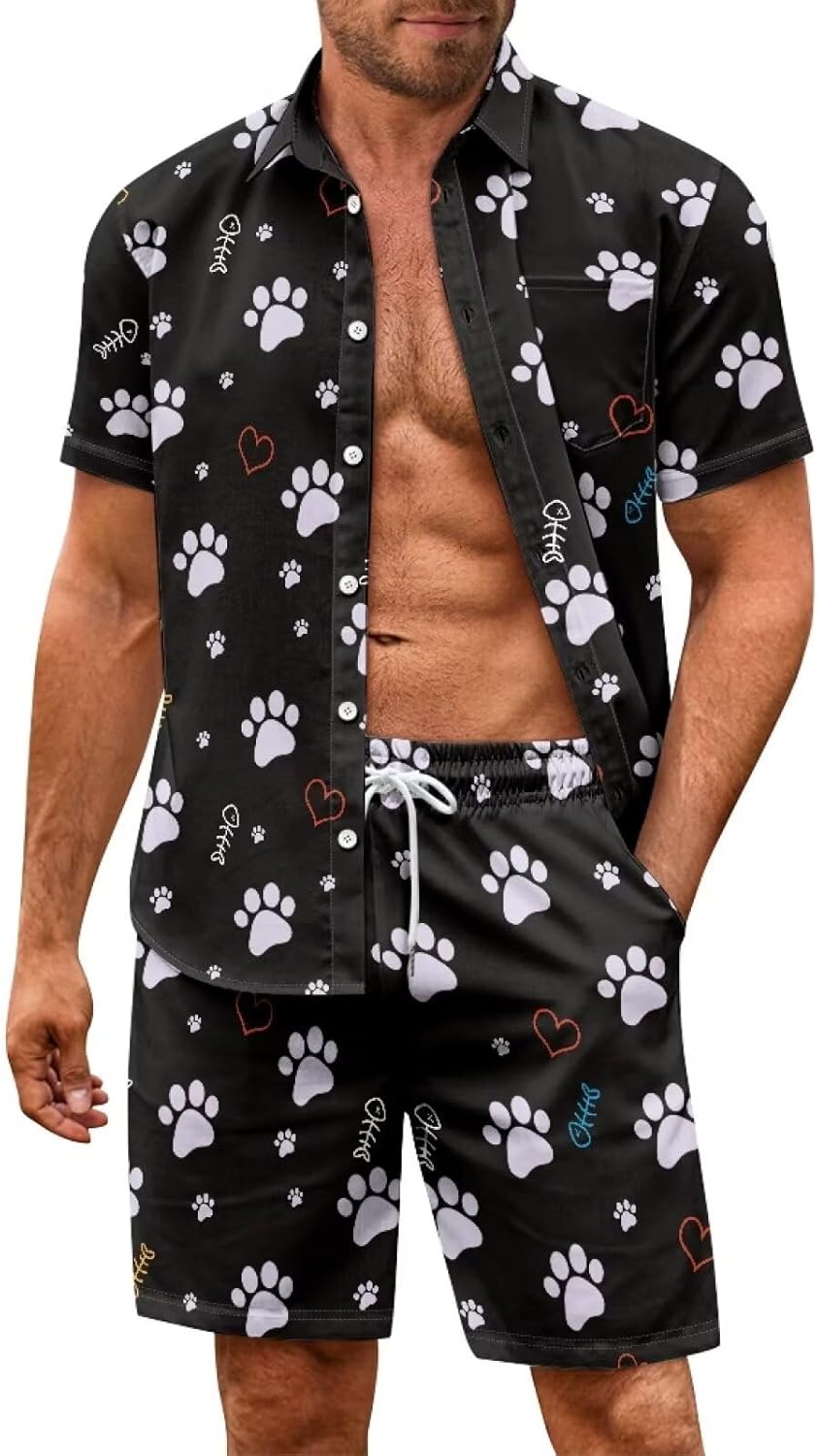Men's 2 Pieces Short Set Printed Button Down Hawaiian Shirt Suits Casual Outfit Summer Beach Shirt and Shorts
