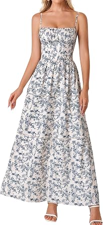 EYNMIN Floral Maxi Corset Dress Spaghetti Strap Flowy A Line Smocked Summer Wedding Guest Dresses for Women Long Sundress