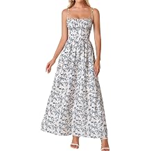 EYNMIN Floral Maxi Corset Dress Spaghetti Strap Flowy A Line Smocked Summer Wedding Guest Dresses for Women Long Sundress