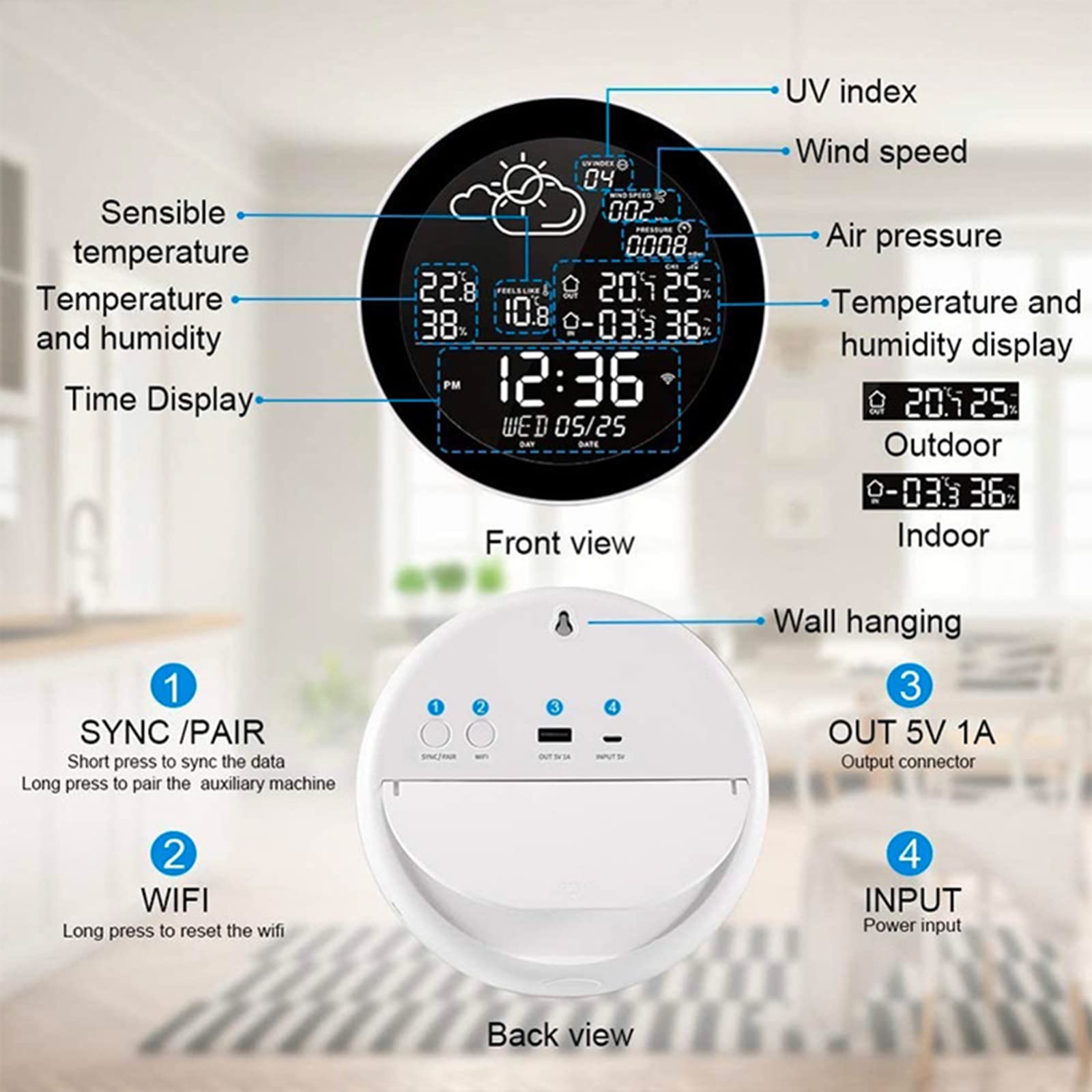 Stacja pogodowa WiFi Smart z pilotem Tuya APP i czujnikami, miernik temperatury i wilgotności wewnątrz i na zewnątrz, duży kolorowy wyświetlacz, zegar pogodowy, barometryczny, z 3