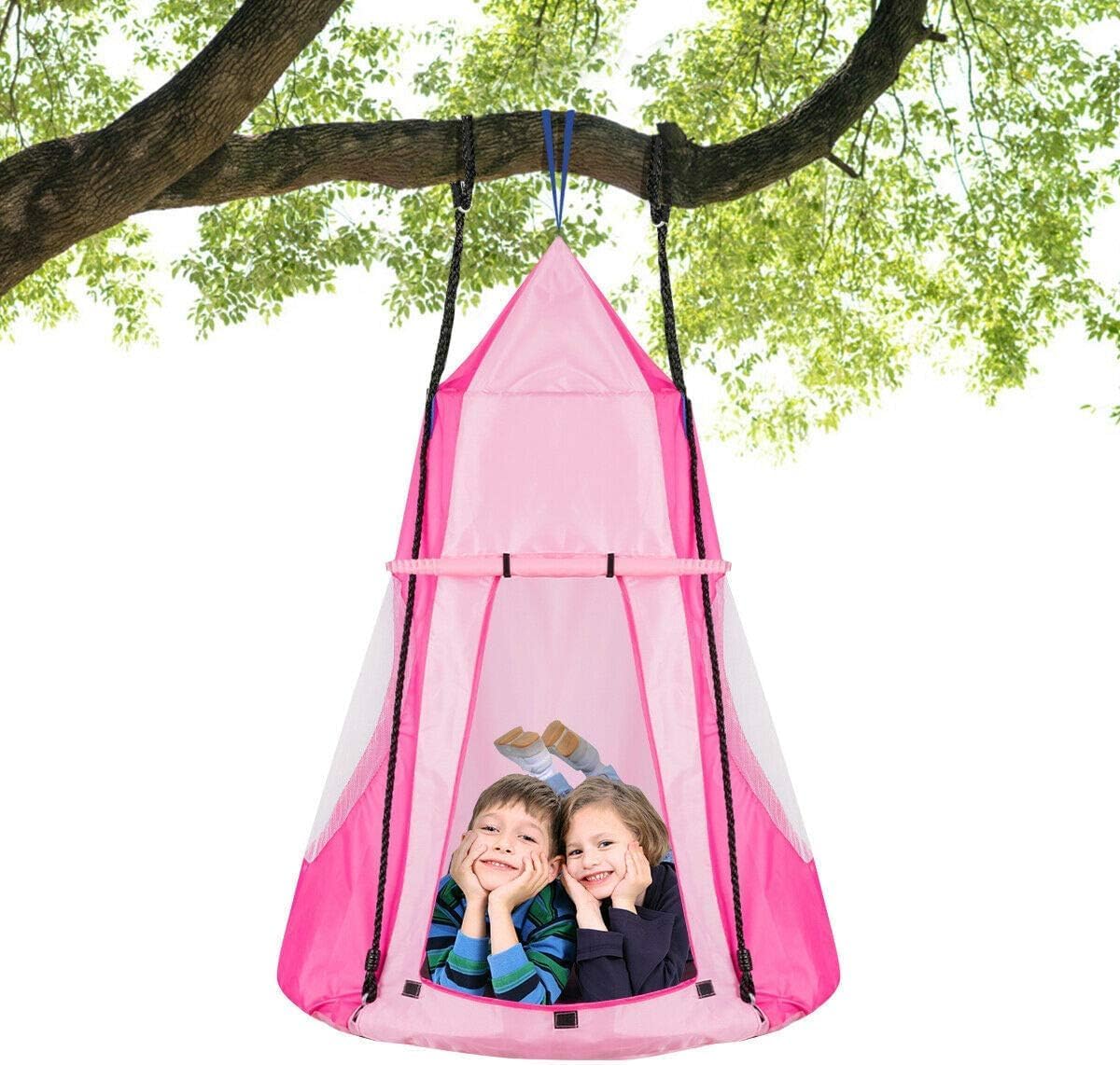 DORTALA Kids Hanging Chair Swing Tent Set, Hammock Nest Pod Hanging Swing Seat for Boys/Girls, Children Swing Play House with Detachable Play Tent, Max Capacity 330 LBS, 40", Pink