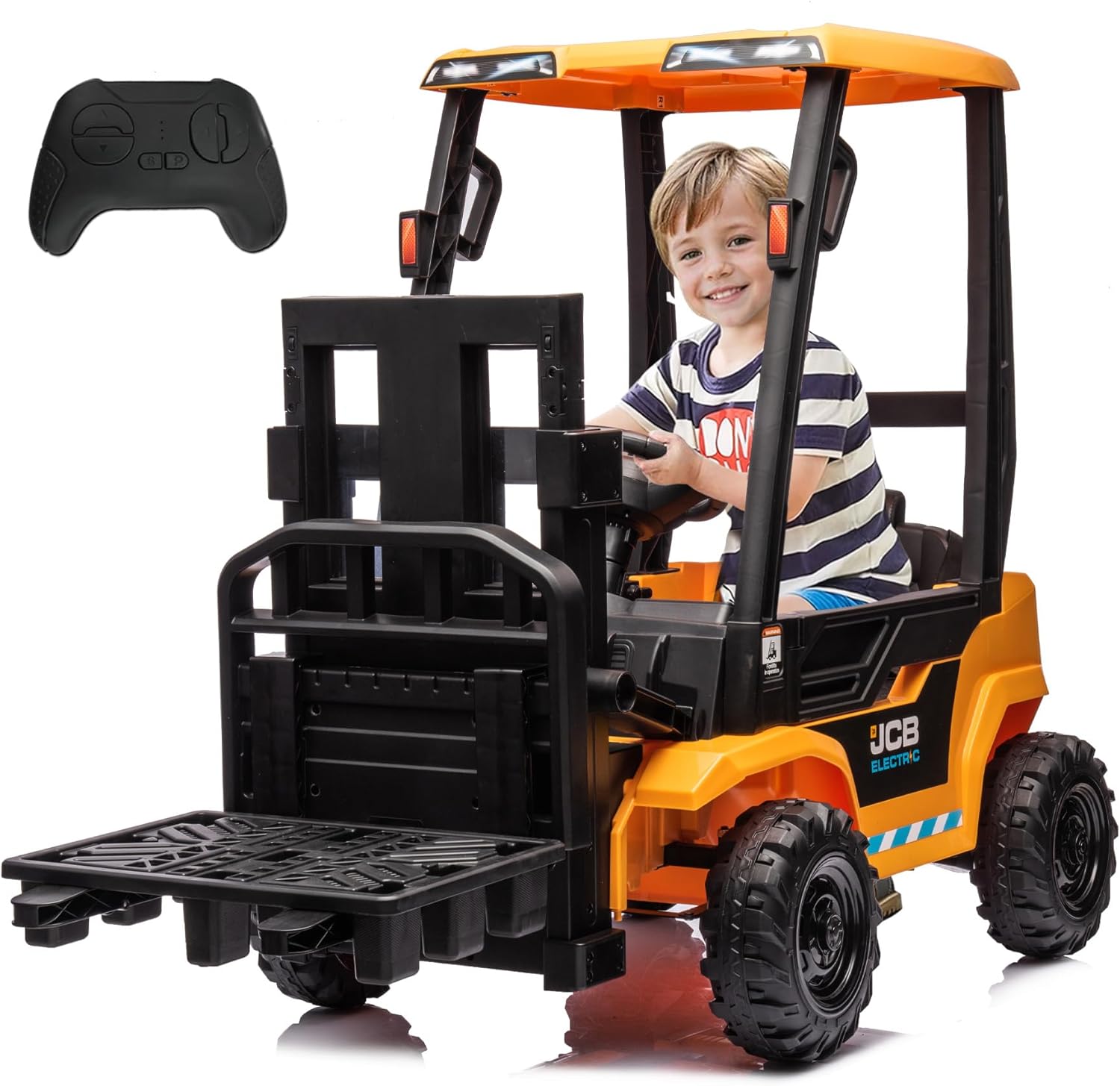 FORESEE 12V Kids Forklift Ride on with Tent, Toddler Ride on Forklift Toy with Lifting Pallet, Remote Control, Kids Ride On Construction Car, Yellow