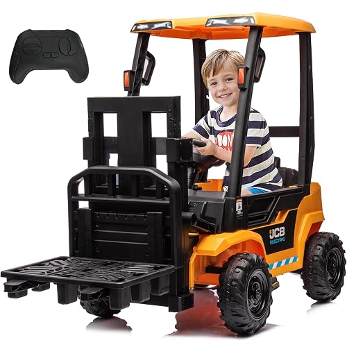 FORESEE 12V Kids Forklift Ride on with Tent, Toddler Ride on Forklift Toy with Lifting Pallet, Remote Control, Kids Ride On Construction Car, Yellow
