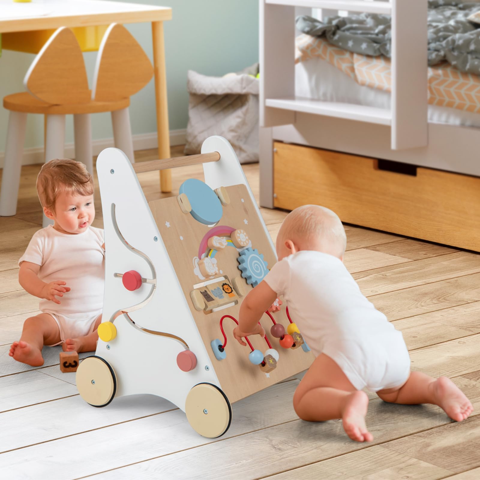 GOPLUS Stabile Lauflernhilfe aus Holz, Multifunktionaler Lauflernwagen mit mehreren Spieleinstellungen & Ablage, Lernspielzeug Gehhilfe mit Gummirädern & Griff, für Kinder ab 3 Jahren Alt (Modell 4)
