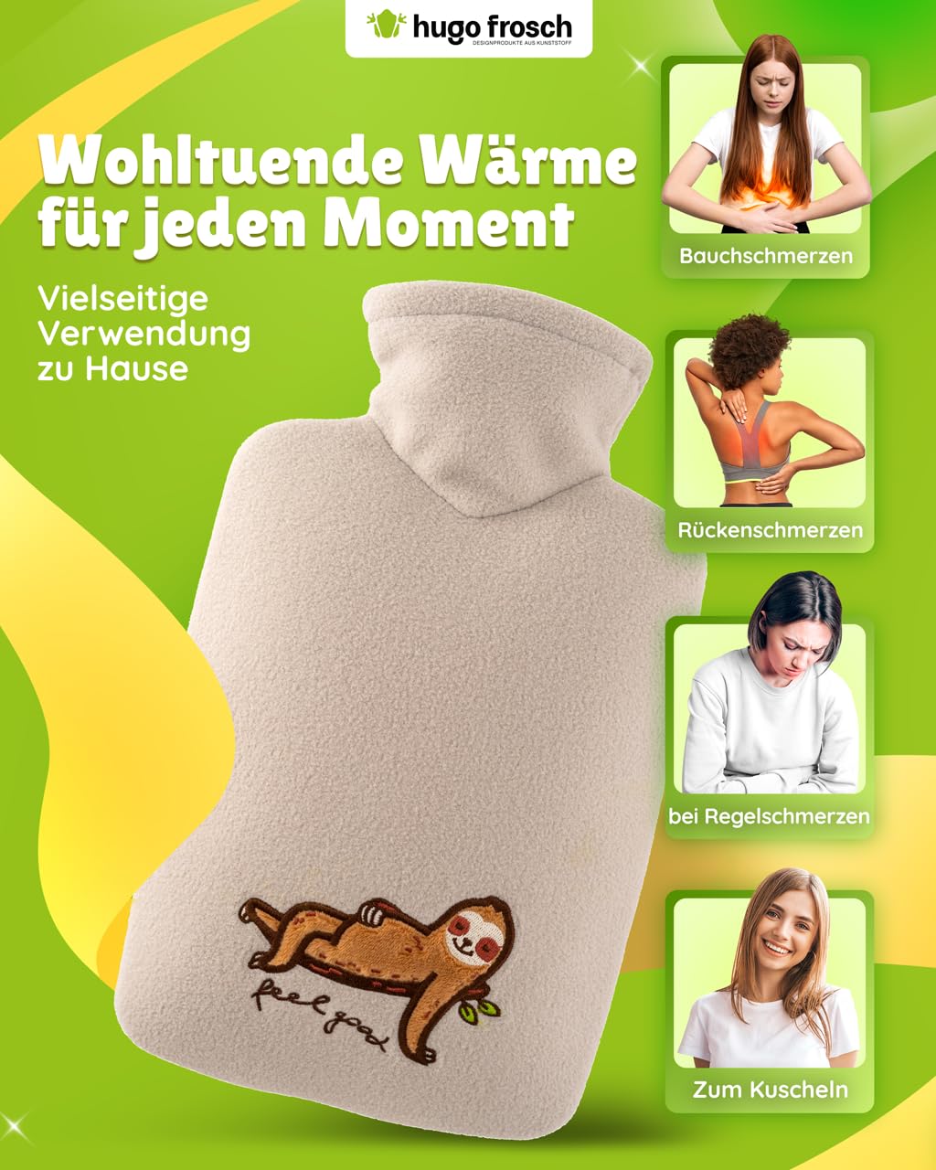 Hugo Frosch Bolsa de agua caliente clásica de 1,8 l – Fabricada en Alemania – con funda suave de forro polar "feel good" beige – botella grande a prueba de fugas y sin olor – con funda lavable