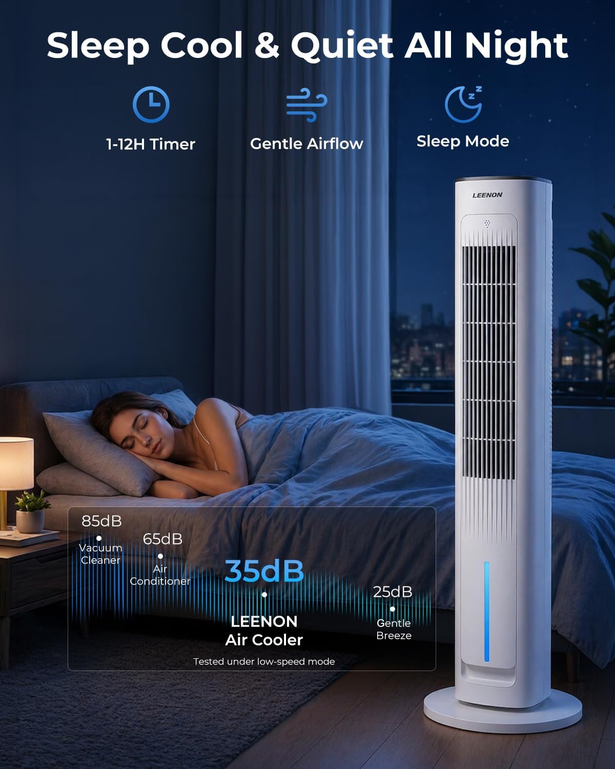 LEENON 3-in-1 Turmventilator mit Wasserkühlung, 38" Luftkühler (35dB leise), Fernbedienung, 3 Stufen & 4 Modi, 12H Timer, Oszillierend, Mobiler Verdunstungskühler für Schlafzimmer & Büro
