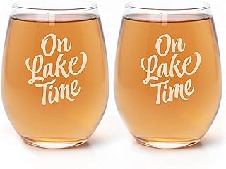 On Lake Time - Lake House Wine Glasses, Lakehouse Decor for the Home, Set of Two Engraved Glasses