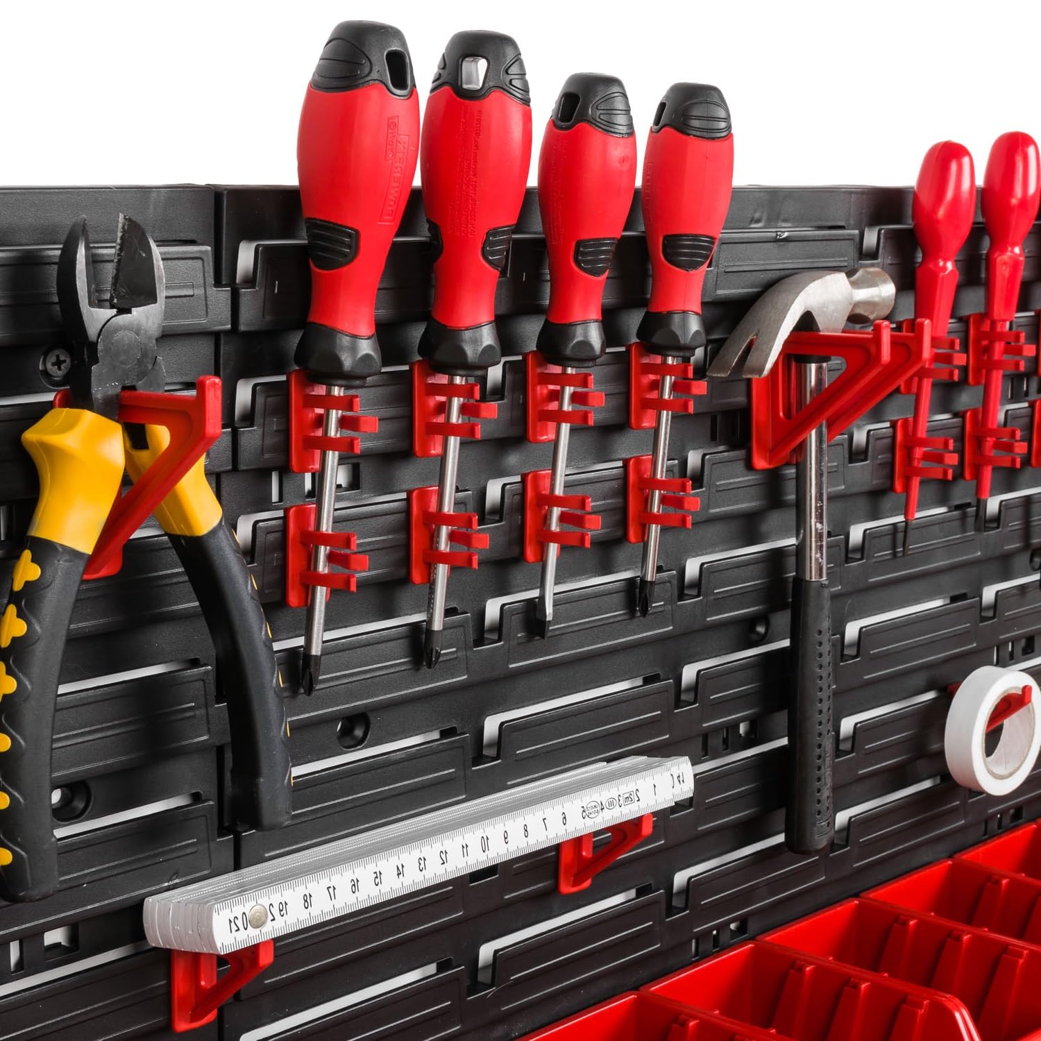 B2c Red Wall Mounted Tool Peg Board Set Garage Storage Bins Workshop Rack Shed Organiser 50 Models Various Shapes And Layouts Small Medium Large (Model 46)