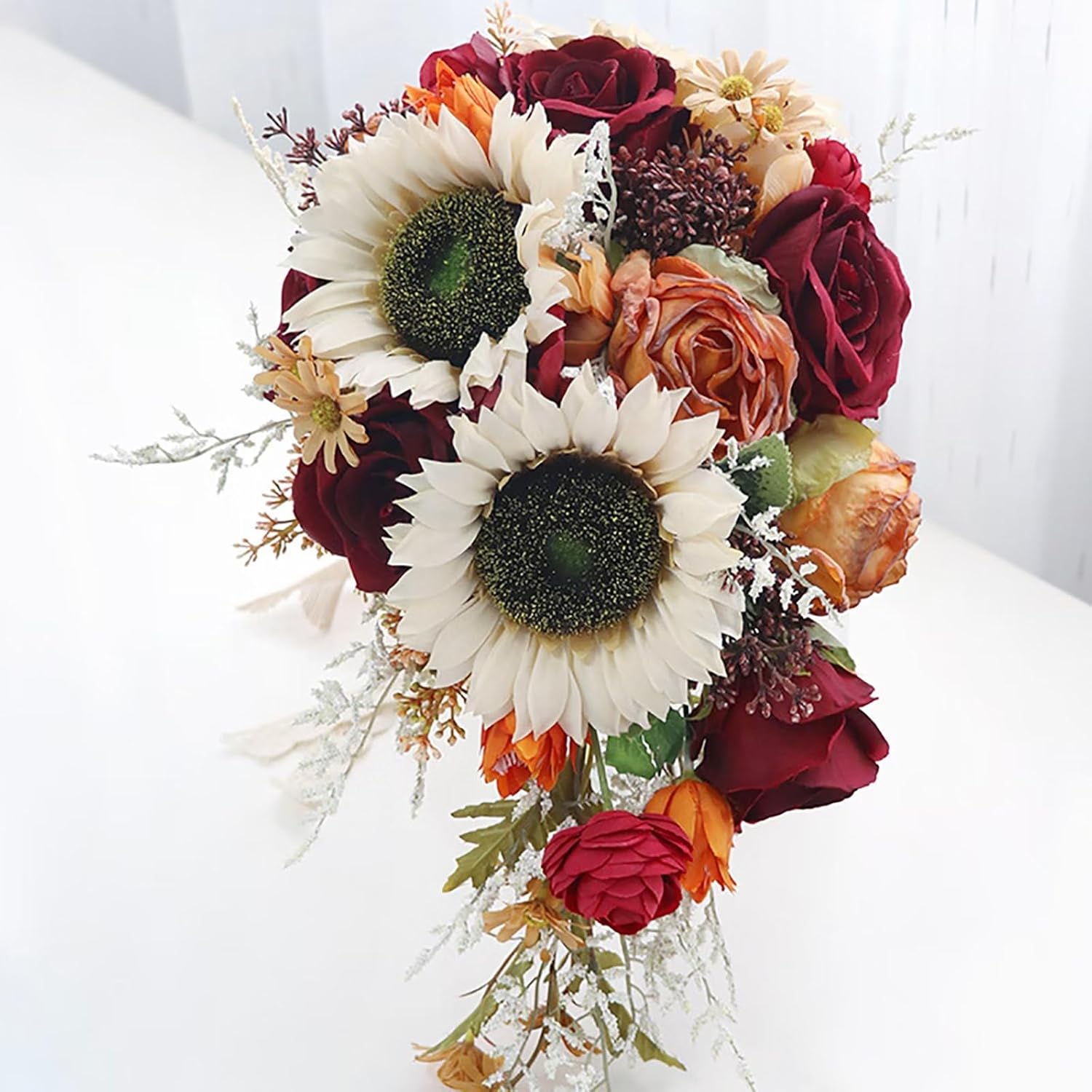 Emivery Cascading Vintage Sunflower Bouquet, Artificial Sunflower and Burgundy Rose Bouquet for Bride Teardrop Bridal Bouquet for Wedding Ceremony Party Church Decor