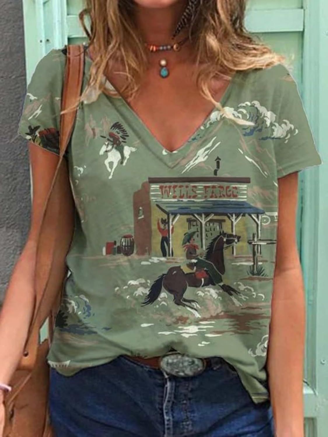 Women's Western Cactus Horse V-Neck T-Shirts Tops Vintage Pattern T-Shirt Novelty Short Sleeve T-Shirt Top - Image 2