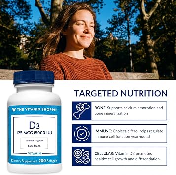 The Vitamin Shoppe Brand Vitamin D3 5000 IU Supplement, 200 Softgels | Bone, Immune, and Cellular Health Support for Men and Women, Gluten Free, Dairy Free