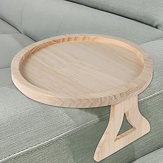 Natural Pine Wood Sofa Side Tables Waterproof Round Portable and Foldable Sofa Armrest Clip-On Tray Couch Arm Rest Organizer for Remote Drinks Phone Drink Snack Holder