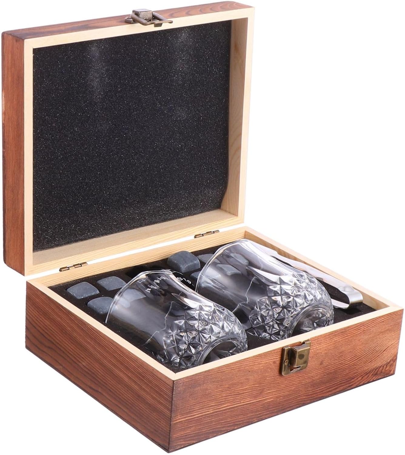 Marble Whiskey Stone Set Gray Natural Chilling Stones with Wooden Box Tongs for Whiskey Lovers for Cocktails and Drinks