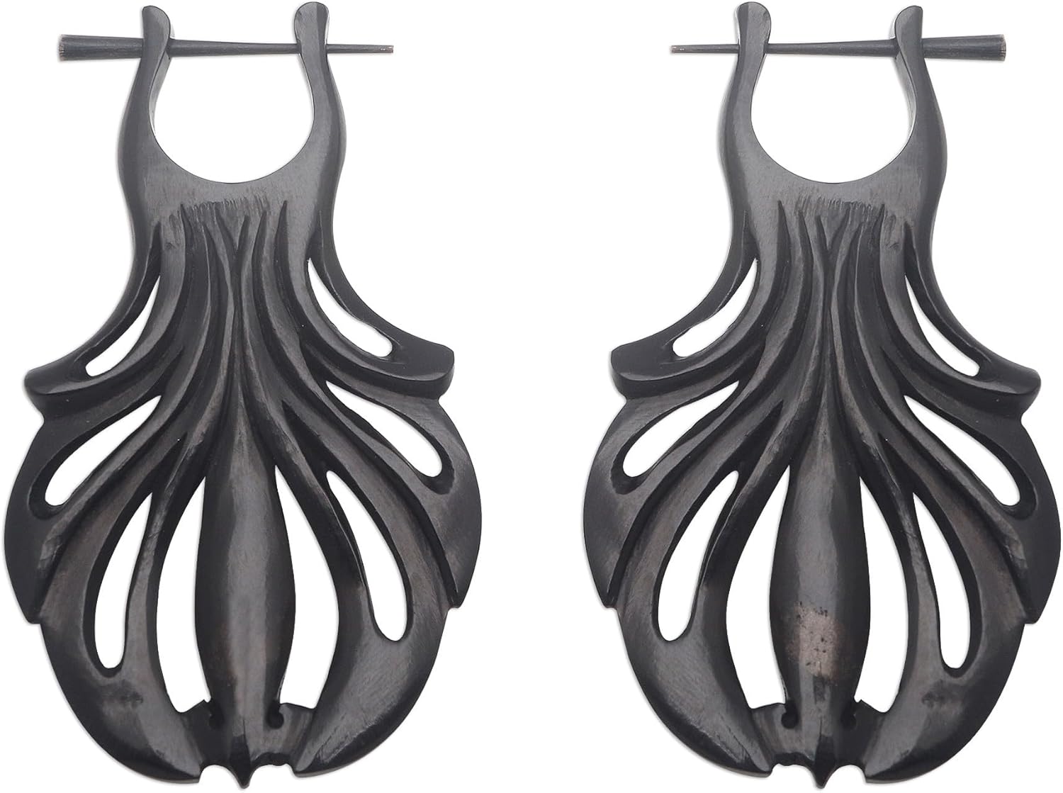 NOVICA Artisan Handmade Horn Hoop Earrings Carved Water Buffalo Shell Motif Indonesia [2.2 in L x 0.2 in W x 1.3 in D] ' Graceful Fanfare'