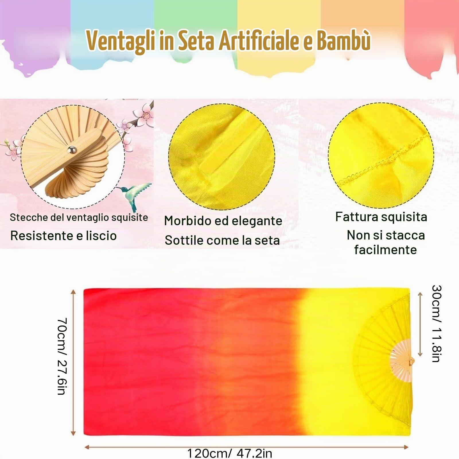 1 Coppia di 1,5 Metri di Danza Artigianale del Ventre di Seta con Un Ventilatore di bambù di Luce per Lo Spettacolo di Danza Femminile (Rosso)