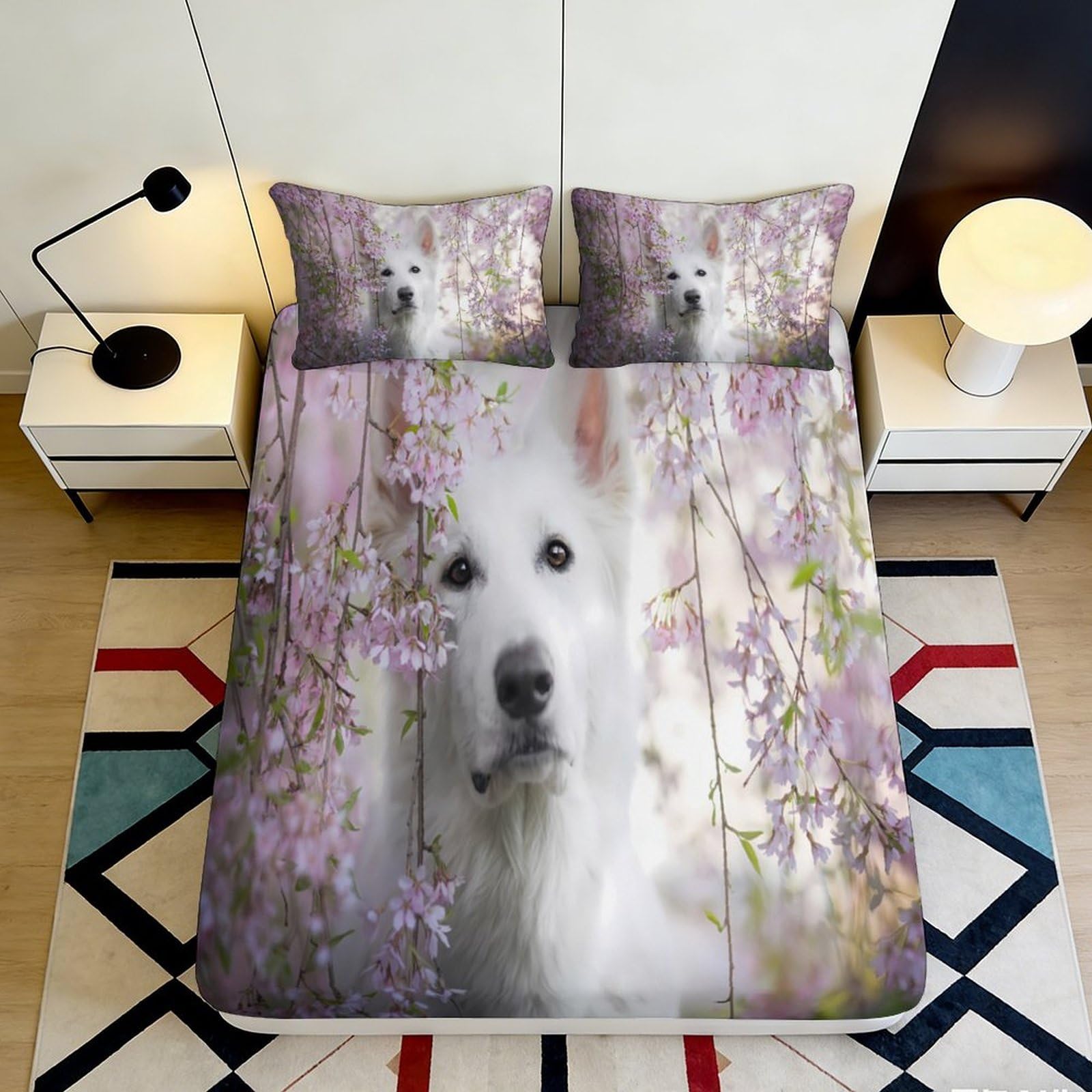 3D Printed White Dog Floral Fitted Sheet Microfiber Soft Breathable Lavender Blossom Bed Cover for Bedroom Dormitory Guest Room Mattress Protection 90x200x25cm