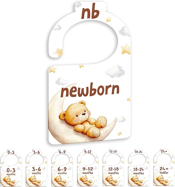 JMOST Bear Baby Closet Dividers for Nursery Closet Organizer, Newborn to 24 Months Size Clothes, Bear Moon Hangers with Size Dividers, Double Sided