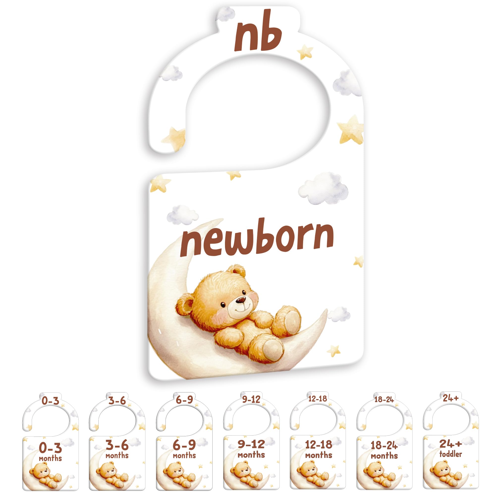 JMOST Bear Baby Closet Dividers for Nursery Closet Organizer, Newborn to 24 Months Size Clothes, Bear Moon Hangers with Size Dividers, Double Sided