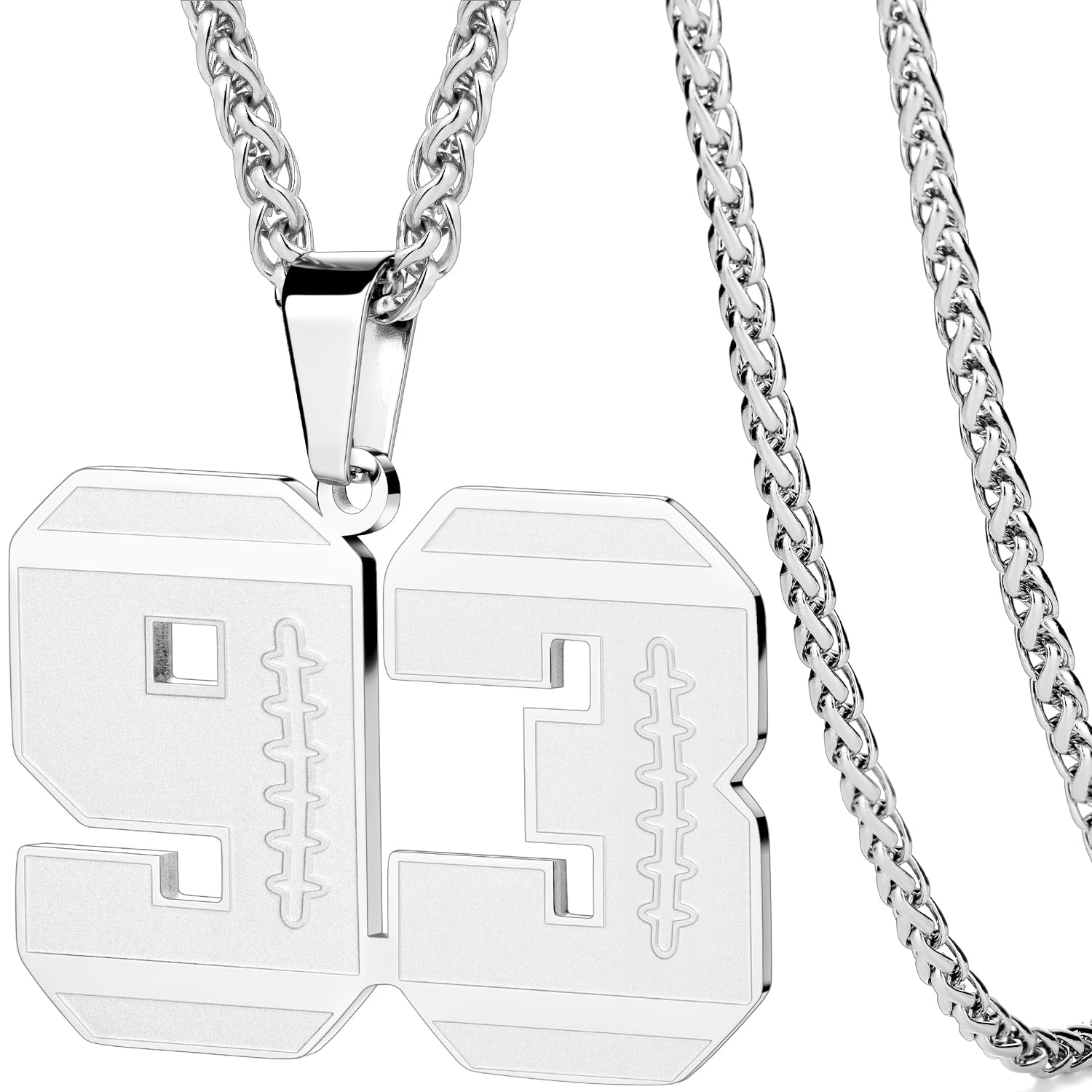 AMITER Football Necklace for Men, 0-99 Jersey Number Football Pendant Necklace with 22+2 in Chain - Stainless Steel Silver