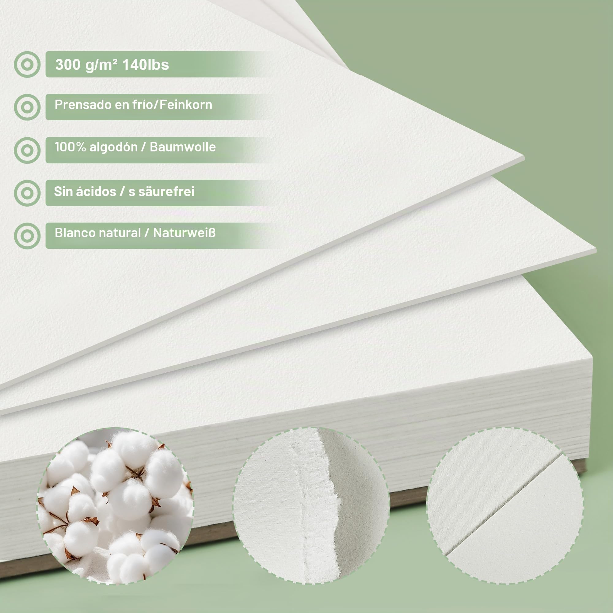 ESENG® Papel de acuarela premium DIN A2, 100% algodón, 30 hojas, 300 g/m², blanco, bloc de acuarela, papel para acuarela, dibujo, pintura