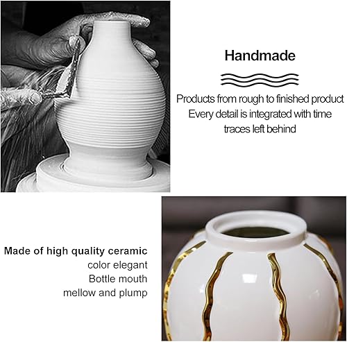 Miniatura 5 de Jarrón de jengibre, florero de cerámica blanca con borde dorado, moderno jarrón decorativo hecho a mano para bodas, hogar, oficina, mesa, sala de