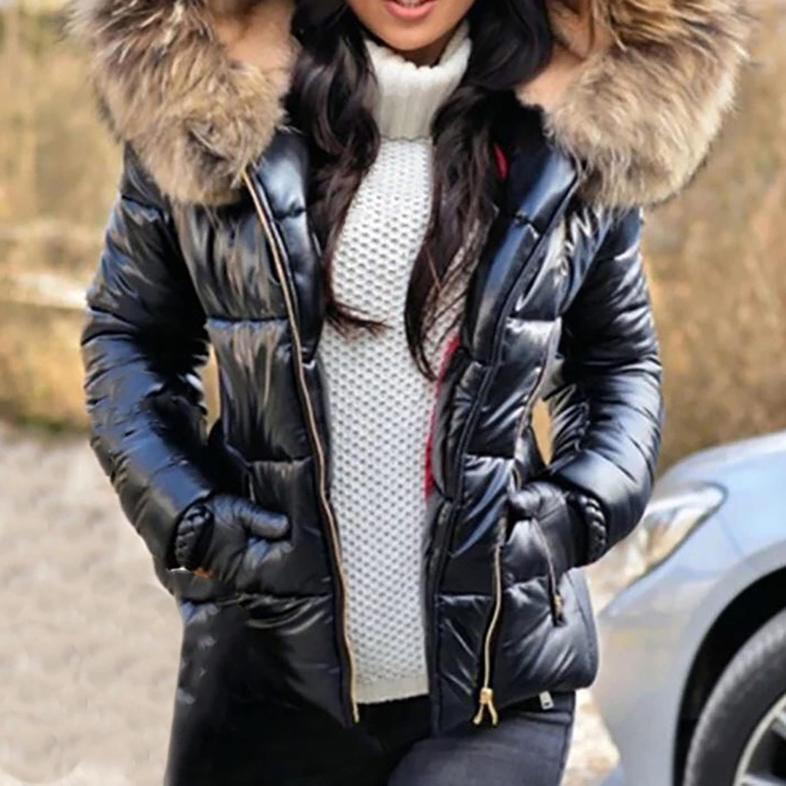 FUPODD Daunenjacke Damen Winter Kurz Glänzend Steppjacke Leicht Mit Kapuze Winterjacke Damen Warm Fellkapuze Puffer Jacke Reflektierend Steppmantel Reissverschluss Wintermantel Kurze Daunenmantel
