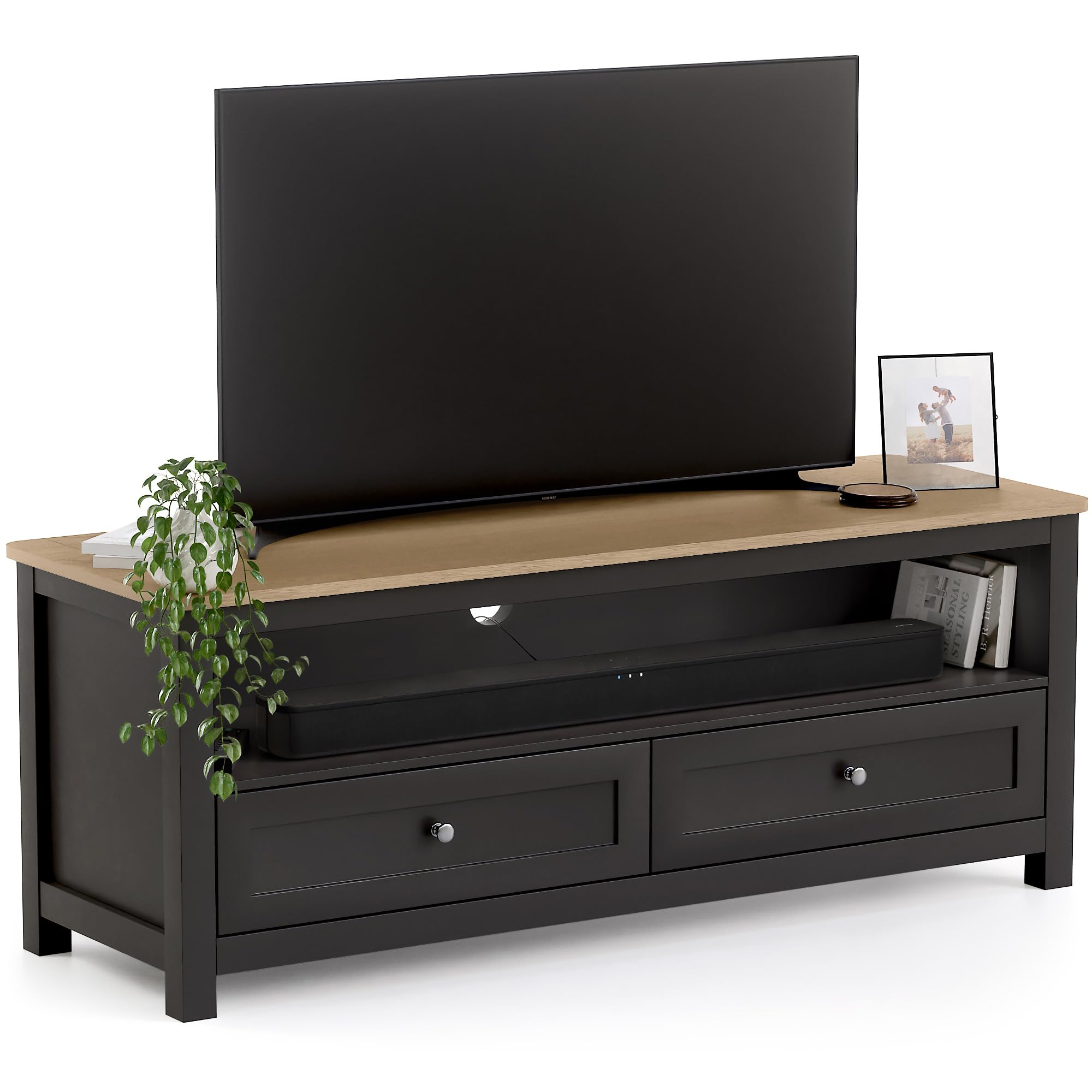 CHRISTOW TV Unit with Storage & Oak-Effect Top, Modern Television Stand with 2 Drawers & Open Shelf, Media Console Cabinet for Living Room, Sturdy MDF, Matte Painted โ Charcoal, H45 x W118 x D40cm