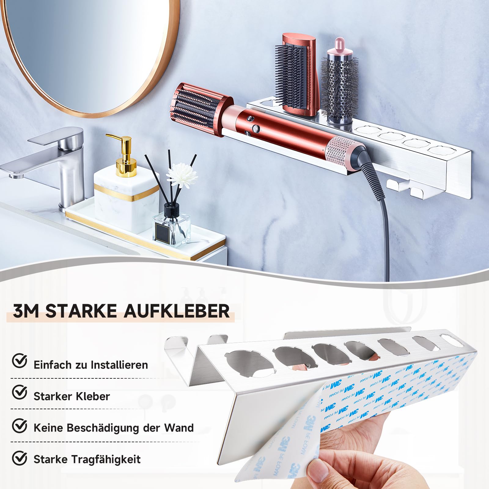Wandhalterung Halter für 7 In 1 Styler Lockenstab Zubehör, Glätteisen Halterung, Föhnhalter Wand Ohne Bohren, Halterung für Föhn und Glätteisen Aufbewahrung, Lockenstab Halterung Fönhalter für Bad