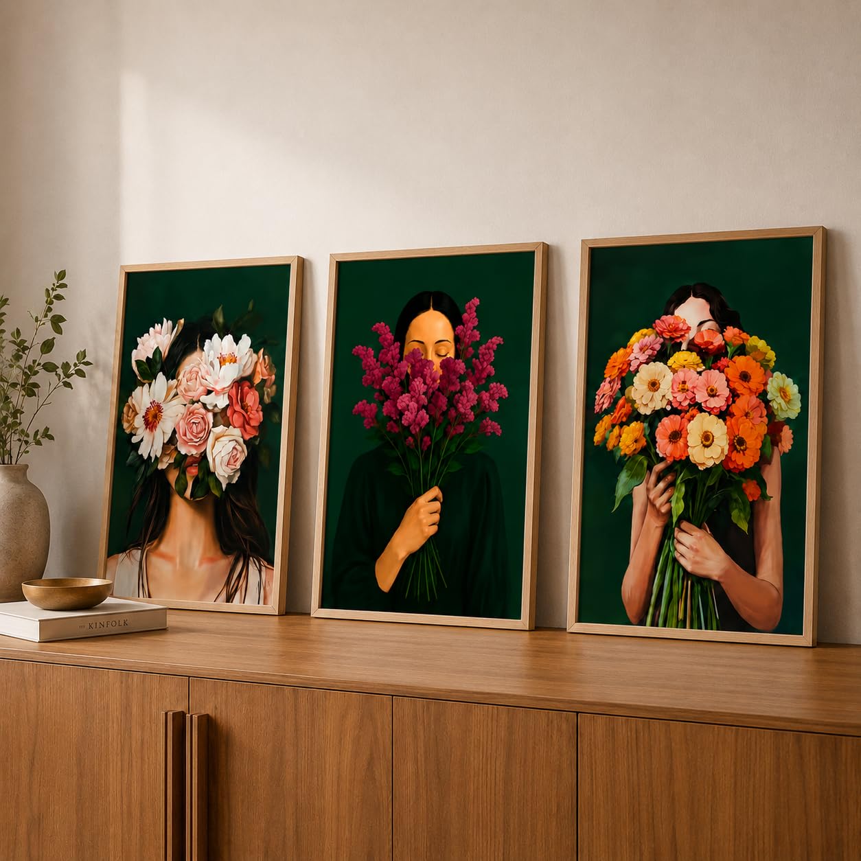 Gift vibes Floral Woman Portrait Wall Painting Set of 3 | Natural Wood Frame Botanical Flower Girl Wall Art for Living Room Bedroom Hallway Office | Modern Aesthetic Home Decor Painting-image-44
