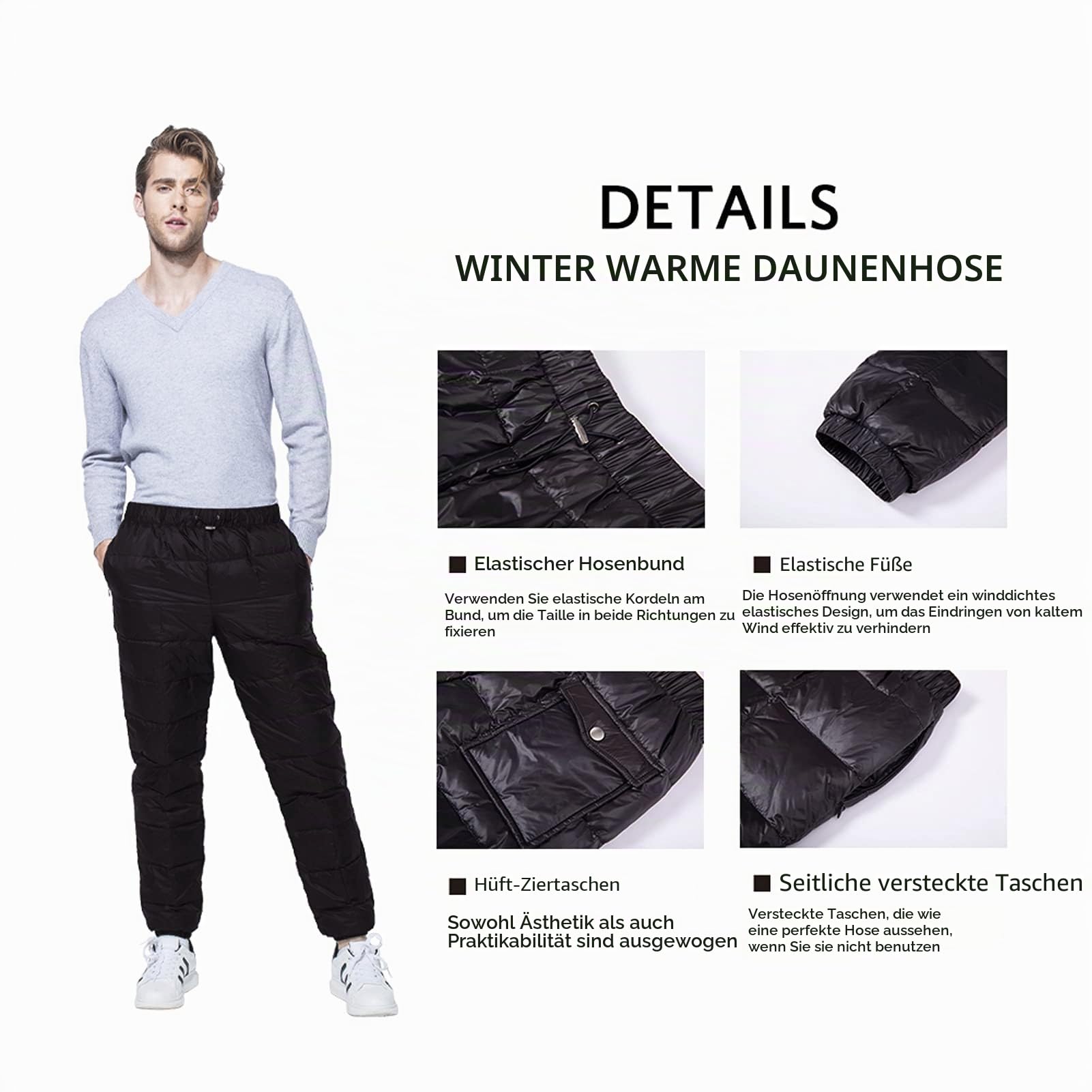 Damen Herren Winter Warme Gänse Daunenhose Ultraleichte Schneehose Kompressions-Daunenhose Outdoor Camping Isolierte Hose (Schwarz, XL)