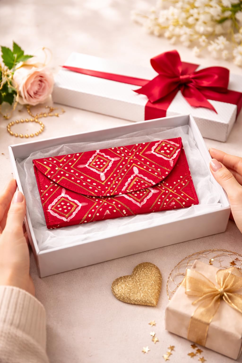 Red Silk Money Cover | Hand-Painted Geometric Cash Envelope for Weddings, Shagun & Festive Gifting - Reusable Traditional Fabric Envelope 1
