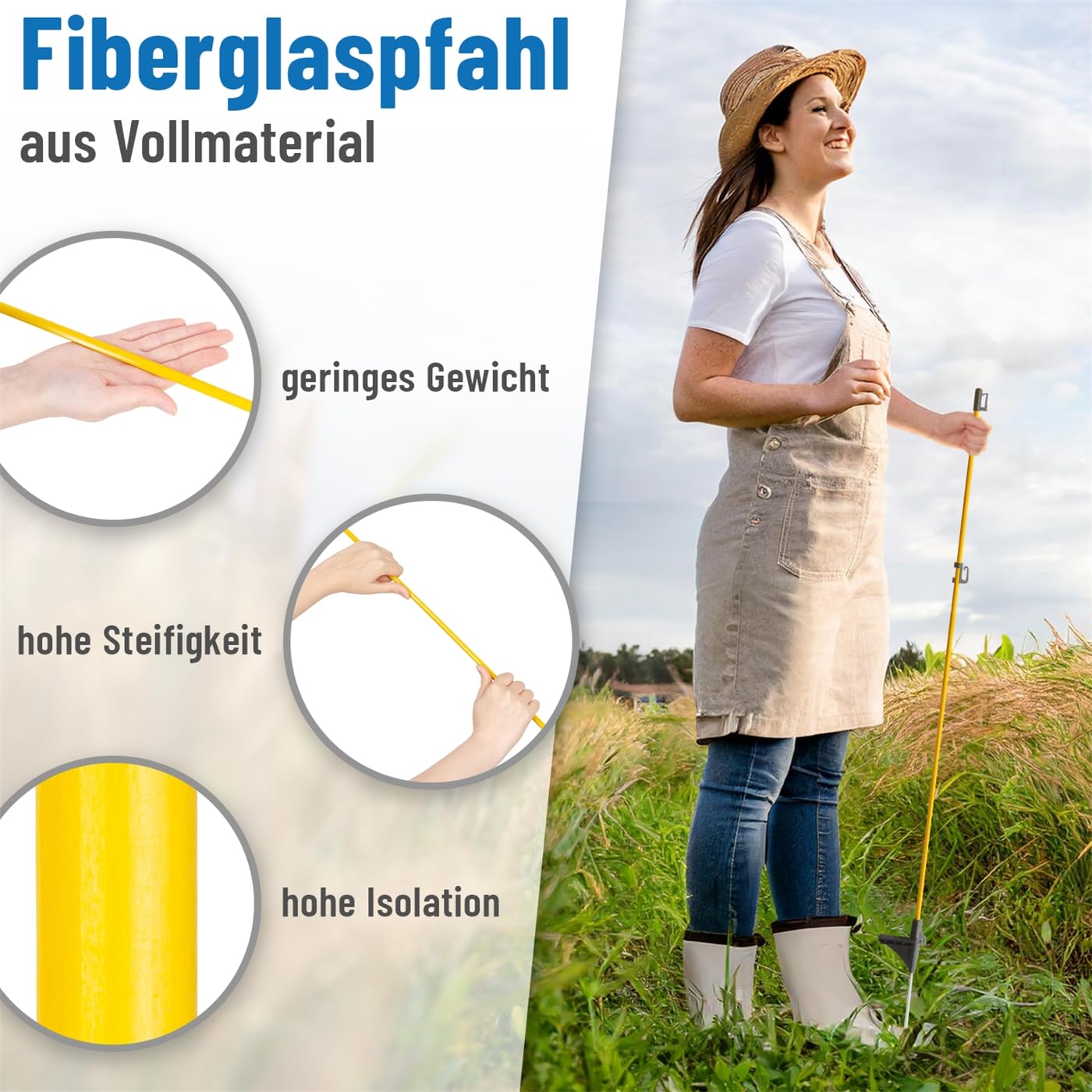 VOSS.farming 40x Fiberglaspfahl 110cm mit Kopfisolator für Weidezaun Metallspitze Weidezaunpfahl Pfahl gelb schwarz Ersatzpfahl Elektrozaun Zaunpfahl