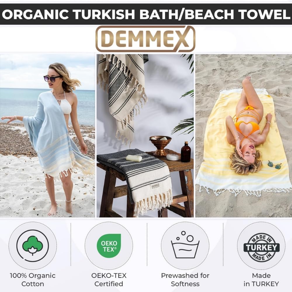 DEMMEX Organic Turkish Cotton Soft Bath Towel - Luxury Oversized Peshtemal for Bathroom, Bath Sheet - Lightweight Quick-Drying Beach Towel - Prewashed, Diamond Weave, 71x36'' (Slate Blue)