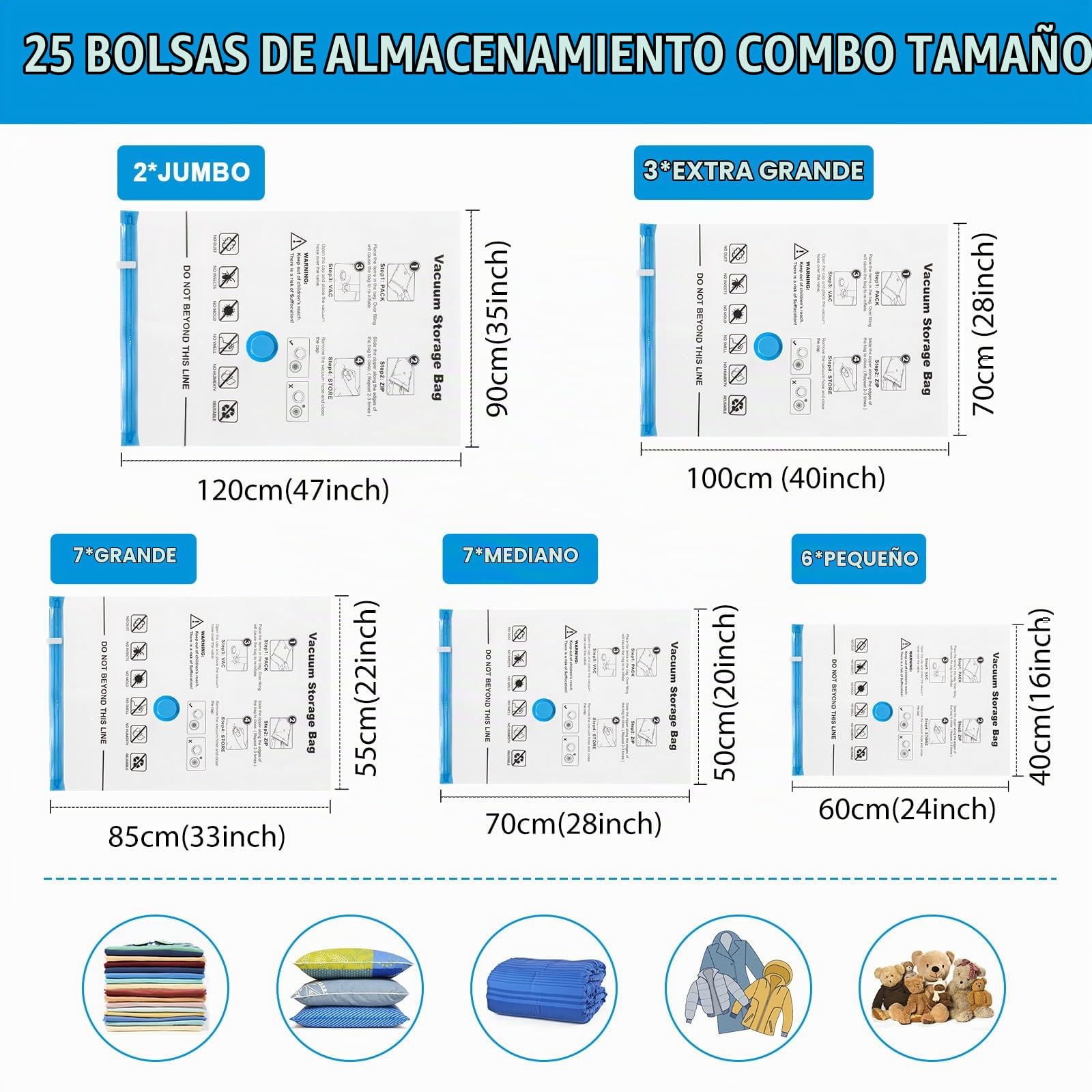 BoxLegend 25 Piezas Bolsas Vacio Ropa, Bolsa de Vacio Para Ropa 2 Jumbo + 3 Extra Grandes + 7 Grandes + 7 Medianas + 6 Pequeñas Perfectas Para Viajes Cama Almohadas Mantas Sábanas Edredones