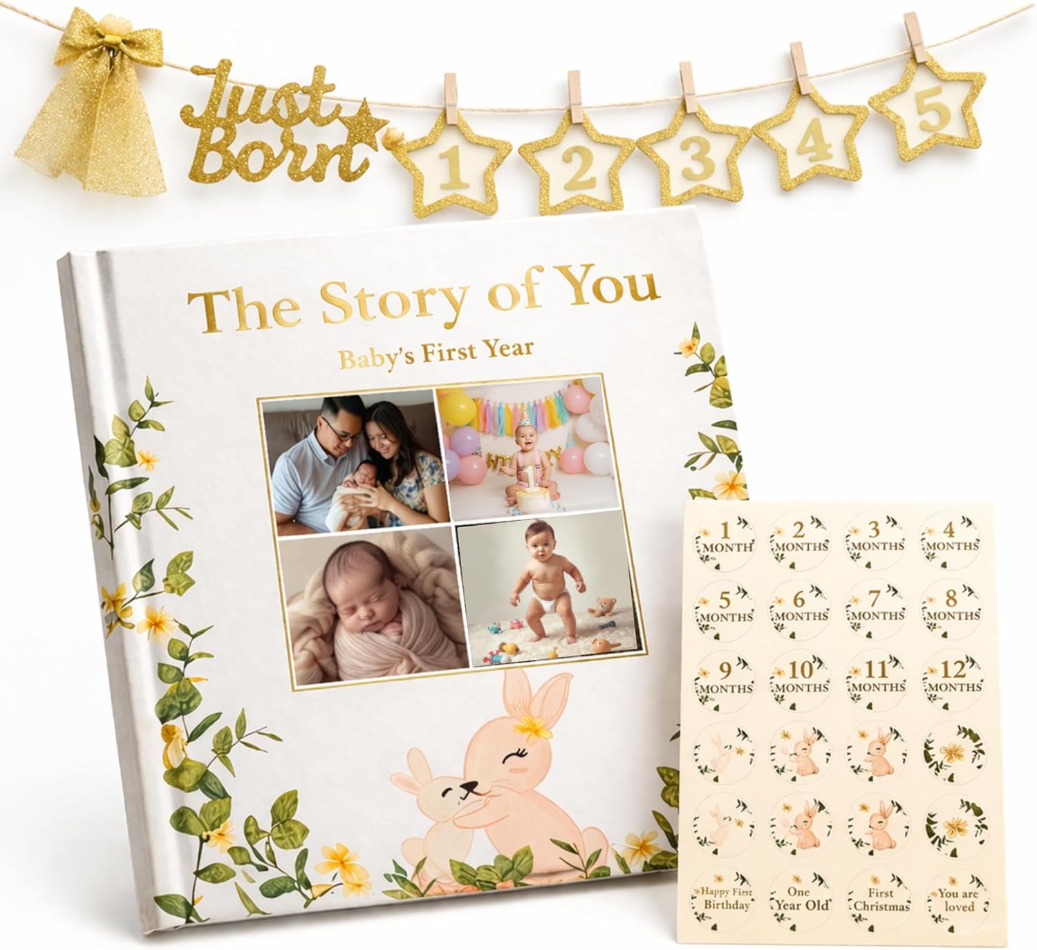 Baby Memory Book First Year – Keepsake Journal & Photo Album with Monthly Milestone Stickers and Photo Banner – Gender Neutral Hardcover for Newborns & Baby Shower