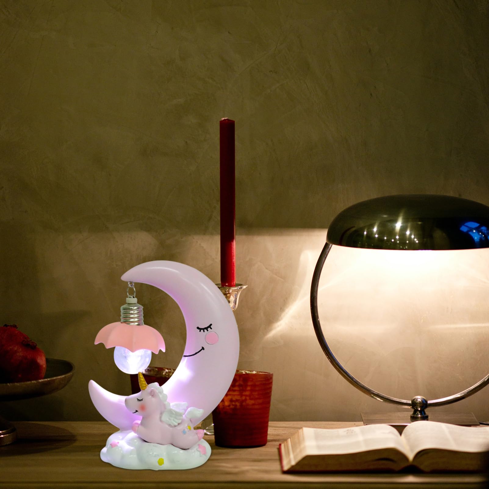 Lámpara Nocturna Resina Niña Diseño Luna Rosa Decorativa Mesita Noche Regalo Cumpleaños Niño Niña