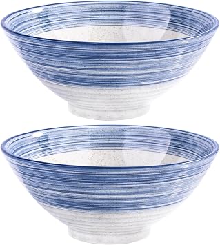2-Piece Japanese Ramen Bowl Set, 8.3" Large Ceramic Bowls for Ramen, Udon, Soba & Pho, Hand-Painted Blue Spiral Stripe Stoneware, Microwave & Dishwasher Safe
