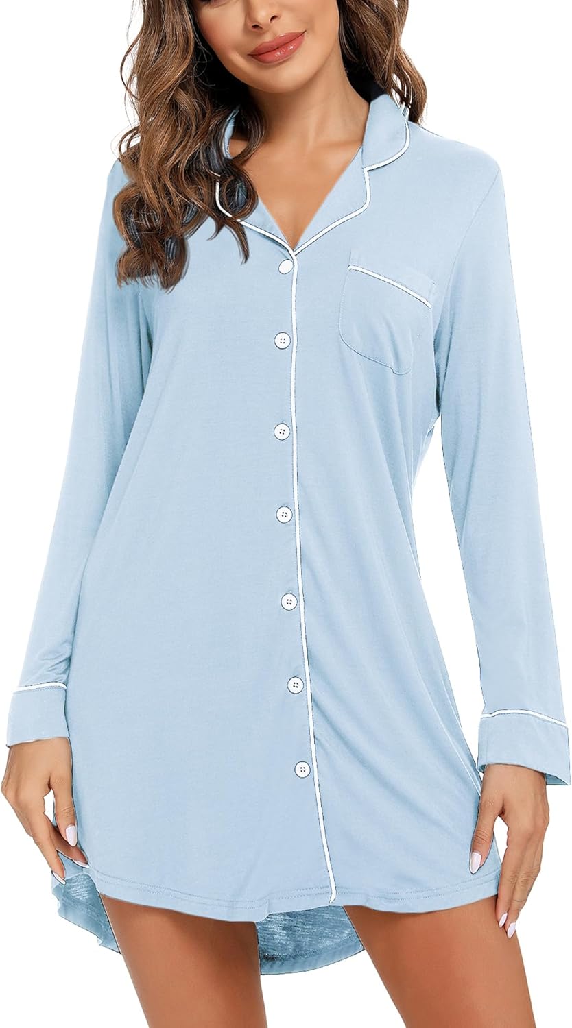 Anjue Pajama Nightgowns for Women Button Down Pajamas Tops Short/Long Sleeve Sleepwear Sleep Shirts Nightdress S-XXL - Image 3