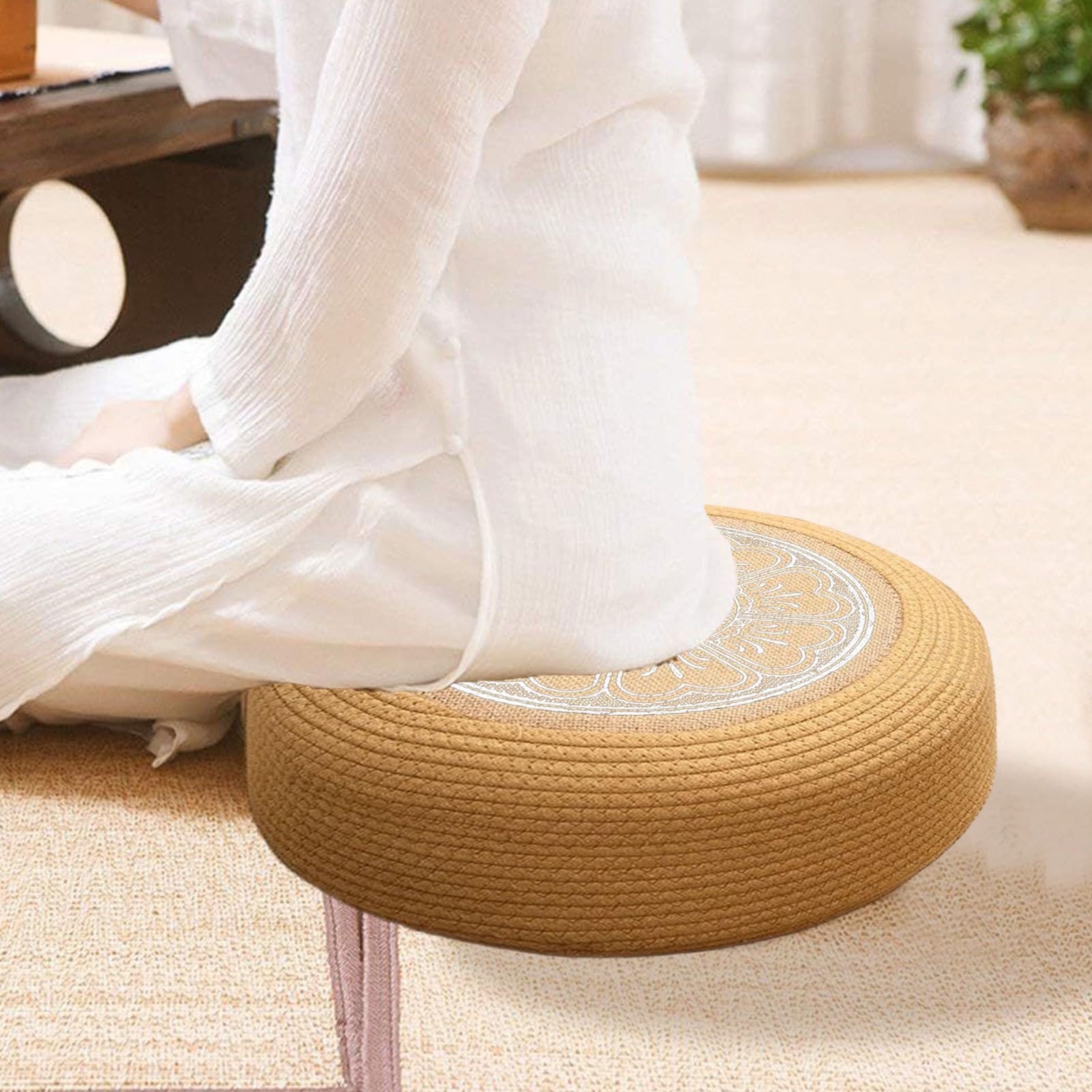 Pouf in rattan, impermeabile per esterni, 40 x 40 x 20 cm, design resistente, cuscino da pavimento in tatami intrecciato a mano per giardino rilassato, poggiapiedi versatile e seduta extra