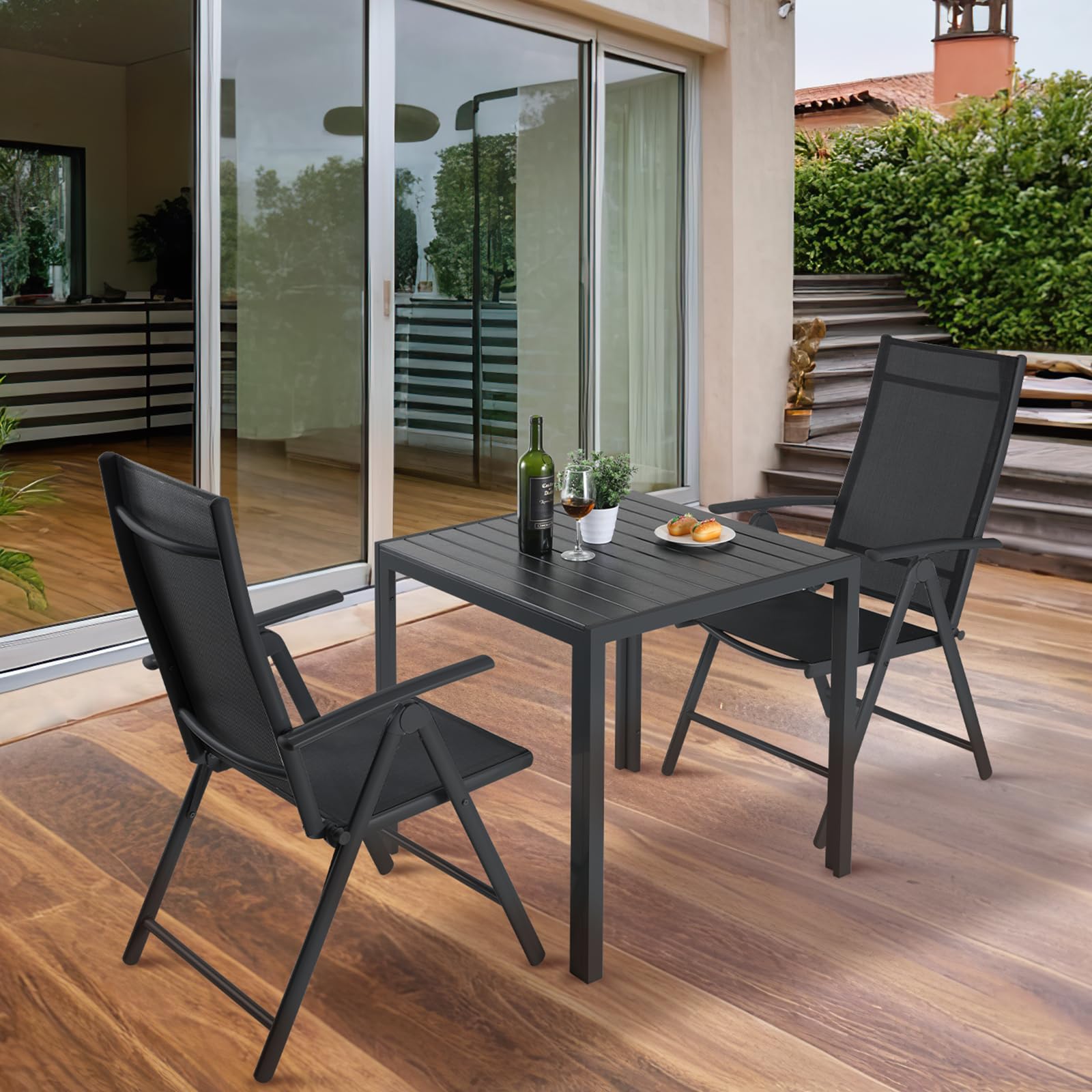 LIFERUN Conjunto Mesa y Sillas Jardin Exterior Aluminio de 3 Piezas, 2 Sillas Respaldo Alto Plegable Ajustable y 75x75x72 cm Mesa WPC, Juego de Muebles de Terraza y Balcón, Negro