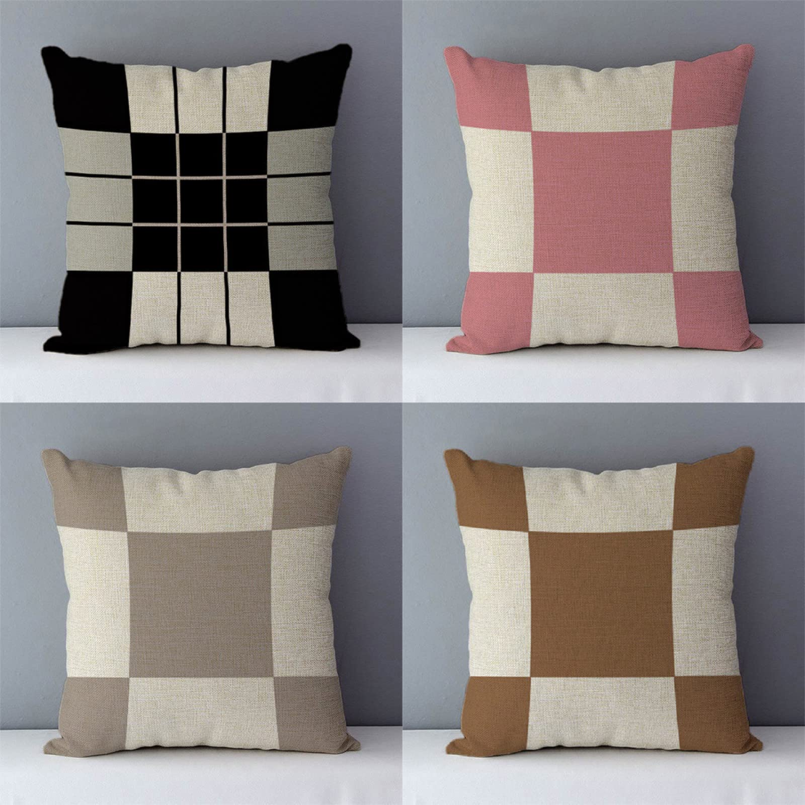 Housse de coussin 65x65cm lot de 4 en lin noir et rose pour canapé