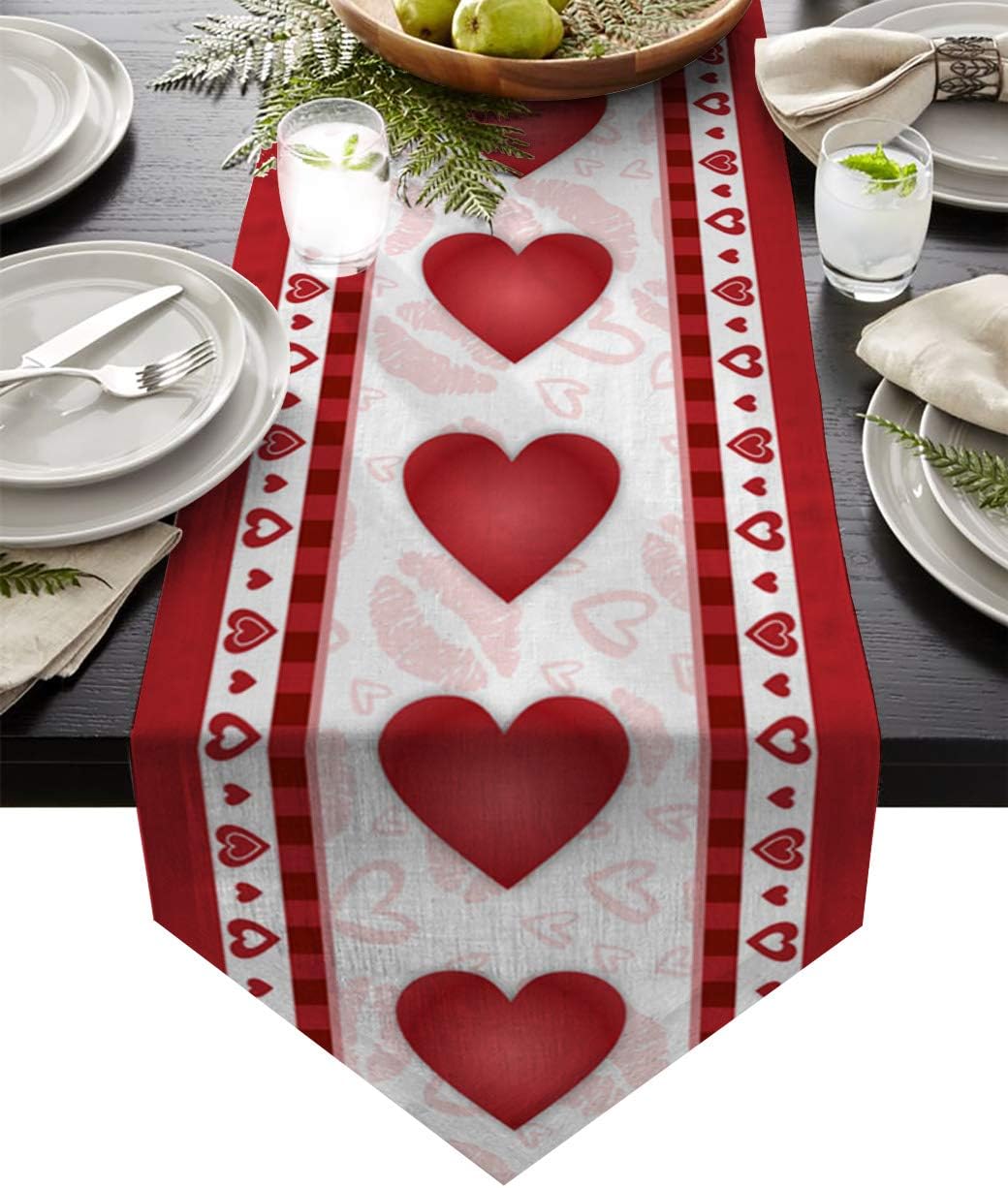 Z&L Home Linen Burlap Table Runner Dresser Scarves, Valentine's Day Romantic Hearts Pattern Table Runners for Family Dinner/Holiday Party/Wedding/Events/Kitchen Decor Red Lips 13x70In