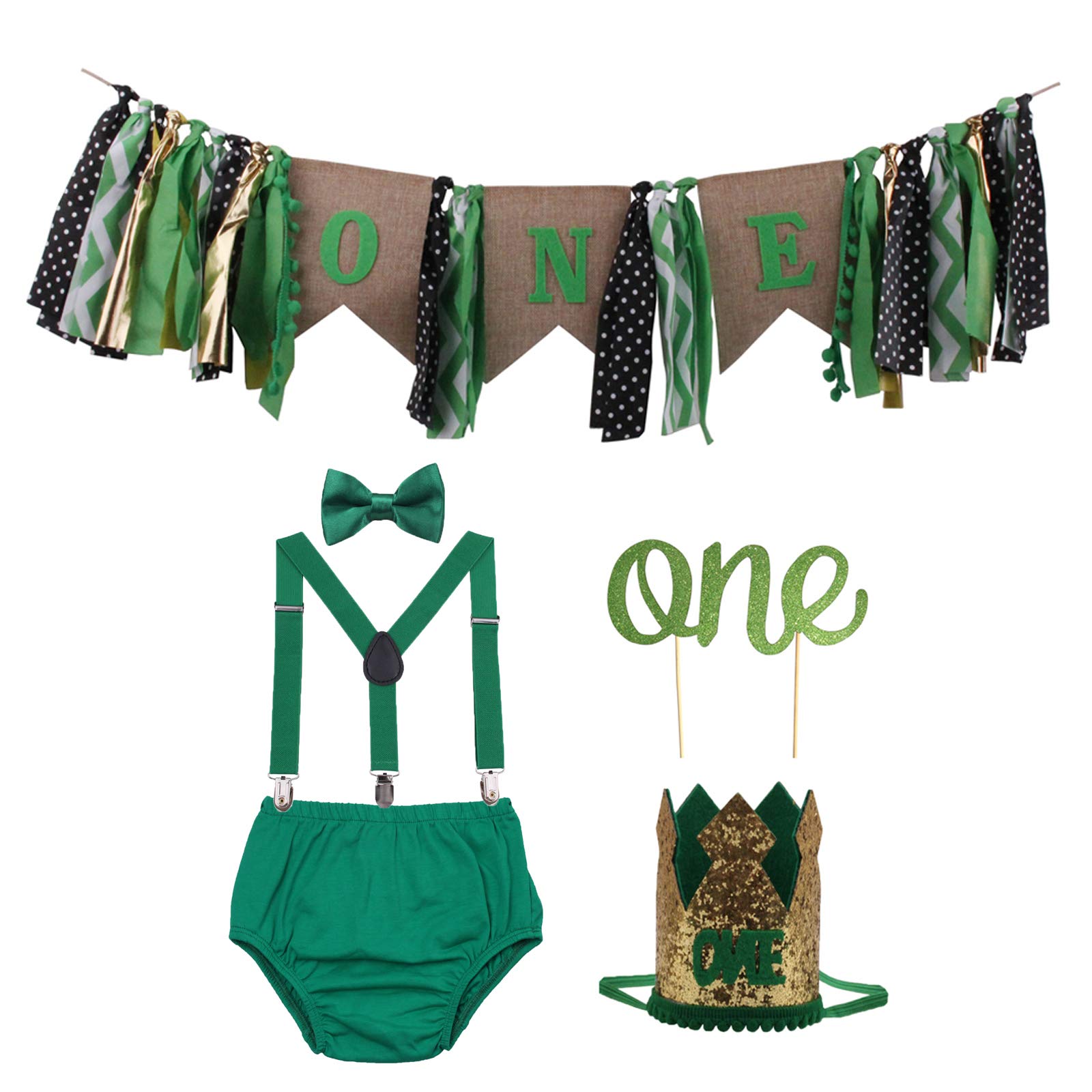 GUCHOL First Birthday Cake Smash High Chair Banner for Baby Boys - Suspenders Bow Tie Glitter Blue Crown Bloomers Clothes