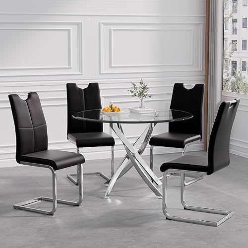 Miniatura 3 de Juego de 4 mesas de comedor modernas de 5 piezas, mesas de comedor redondas de vidrio templado de 36 pulgadas y 4 sillas de comedor negras de cuero,