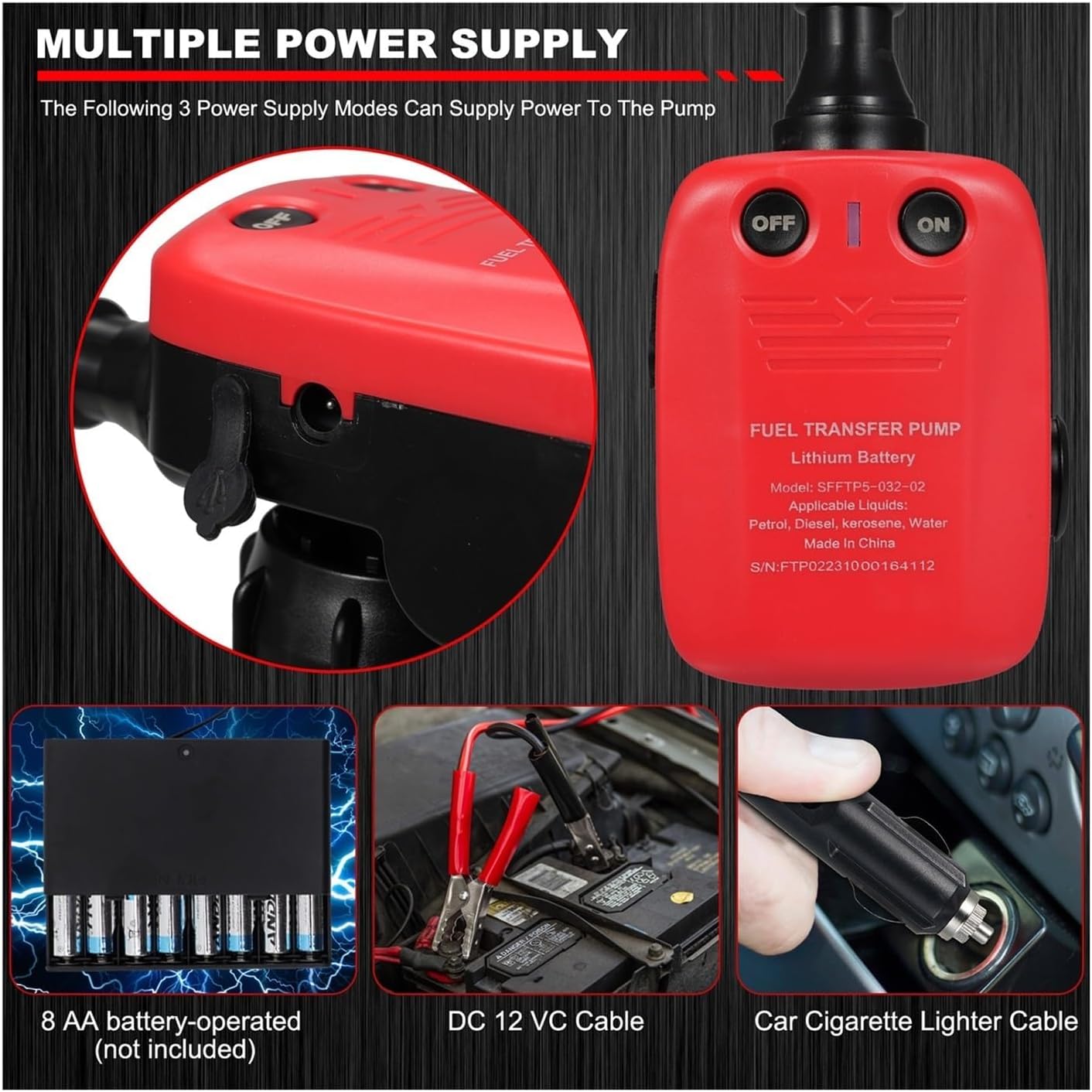 RQG 3.2 GPM fuel transfer pump,Portable Siphon Fuel Transfer Pump with Automatic Stop, Three Power Supply Modeswith,Contain 3 Can Adapters, Extra Long Hose, for Oil, Diesel, Gasoline (NO Batteries)