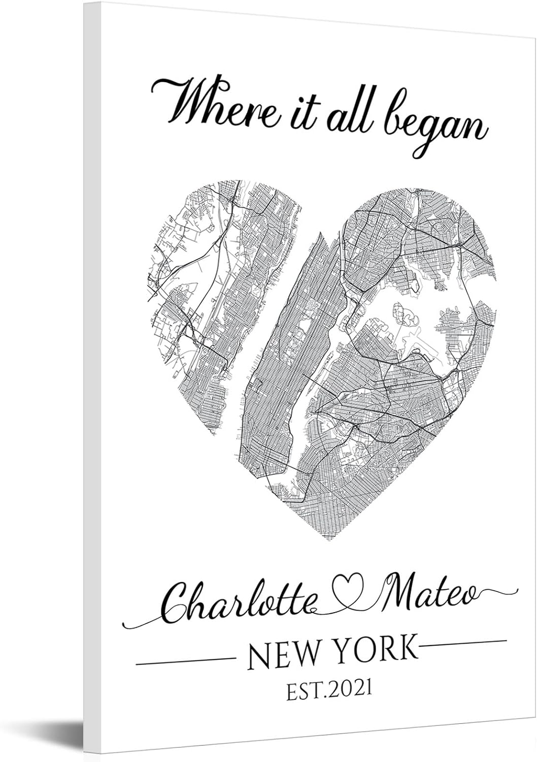 iLOOKLiKE Personalized Where It All Began Map Wall Art Decor Where We Met Canvas Prints Custom New York Heart Map with Couple's Names and Date Poster Gift for Boyfriend Girlfriend Anniversary