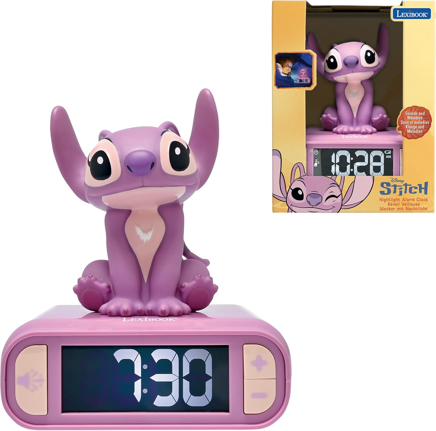LEXIBOOK, Disney Stitch Alarm Clock with Angel Night Light, Sounds and Melodies, Backlit LCD Display, Luminous, Snooze, Pink, RL800D1
