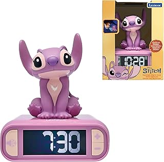 Disney Stitch Alarm Clock with Angel Night Light, Sounds and Melodies, Backlit LCD Display, Luminous, Snooze, Pink, RL800D1