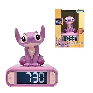 LEXIBOOK Disney Stitch Alarm Clock with Angel Night Light Sounds and Melodies Backlit LCD Display Luminous Snooze Pink